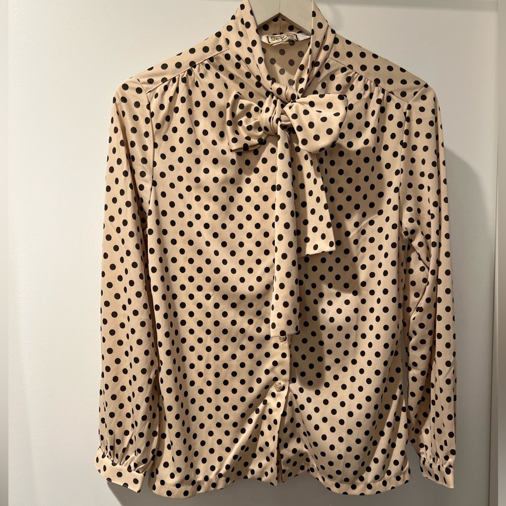 Polka Dot Tie-Neck Blouse in Beige/Black - Classic Women's Top size S